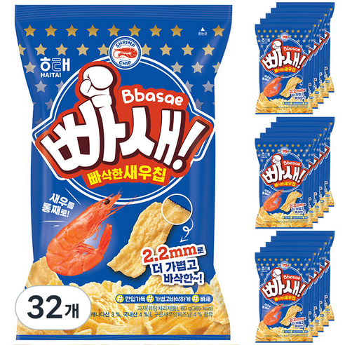 해태제과 빠새 빠삭한새우칩, 60g, 32개