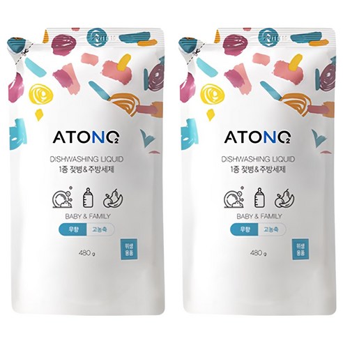 아토엔오투 1종 젖병&주방세제 리필 파우치 무향, 480g, 2개