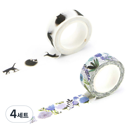 라이프포인트 내츄럴 일러스트 마스킹 테이프, 05보라별꽃, 14고양이, 4세트