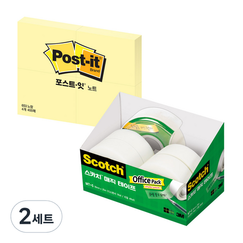 쓰리엠 스카치 매직 테이프 오피스 팩 MT-5 디스펜서 + 리필 18mm x 25m 4p + 포스트잇 노트 653 4패드, 혼합색상, 노랑(노트 653 4패드), 2세트
