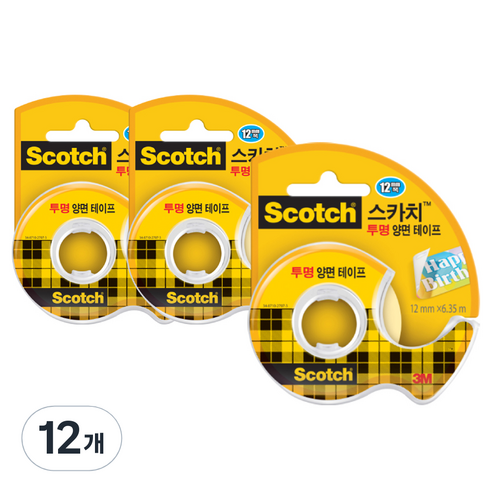 스카치 양면 테이프 디스펜서 136 12mm x 6.35m, 투명, 12개