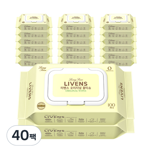 리벤스 오리지널 소프트 저자극 물티슈 캡형 45GSM, 100매, 40팩