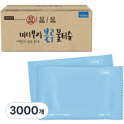 그린위생산업 미니무지 블루 1매포장 물티슈, 1매입, 3000개