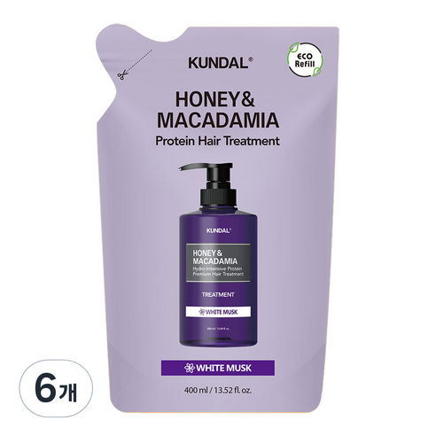쿤달 허니 앤 마카다미아 헤어 트리트먼트 리필팩 화이트머스크향, 400ml, 6개