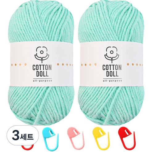 니뜨 코튼돌실 50g x 2p + 단수링 5p 세트, 28 파스텔아쿠아(뜨개실), 랜덤발송(단수링), 3세트