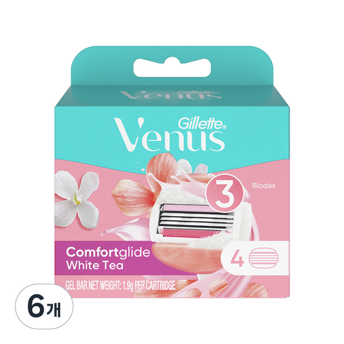 Venus 컴포트 글라이드 화이트티 여성용 면도날, 4개입, 6개