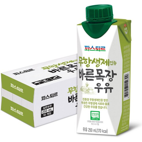 파스퇴르 무항생제 바른목장 우유, 250ml, 18개 
유제품/아이스크림