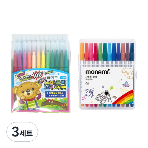지구화학 노마르지 사인펜 24색 + 모나미 슈퍼사인펜 12색 세트, 혼합색상, 3세트