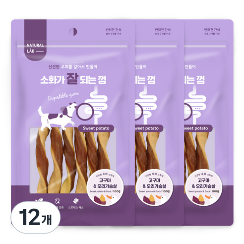 네츄럴랩 소화가 잘되는 껌 강아지 간식 100g, 12개, 고구마 + 오리가슴살 혼합맛