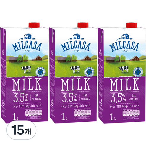 밀카사 멸균우유 3.5%, 1L, 15개