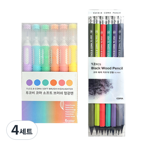 투코비 코마 소프트 브러쉬 형광펜 6종 + 코마 흑목 지우개 연필 TC-P01 B 6종 x 2p 세트, 파스텔퍼플, 파스텔블루, 파스텔그린, 파스텔오렌지, 파스텔핑크, 파스텔옐로우(형광펜), 4세트