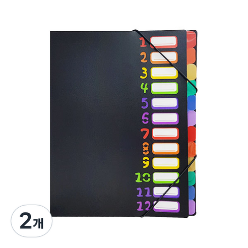 레인보우 인덱스 포켓 파일 12분류 A4, 혼합 색상, 2개