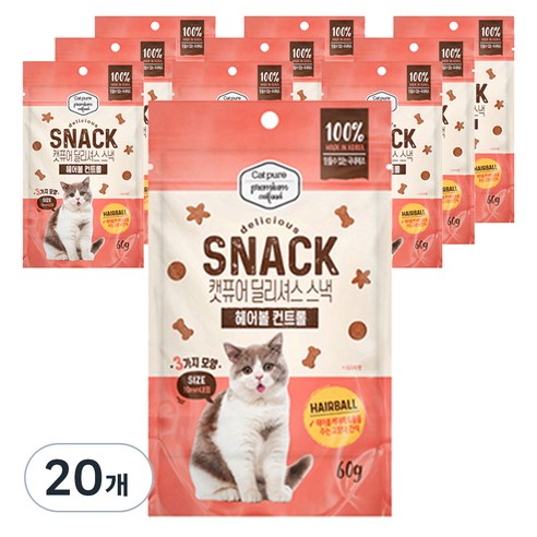 캣퓨어 고양이 딜리셔스 스낵, 20개, 60g, 헤어볼 컨트롤