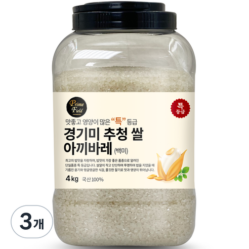 Prime Field 경기 추청 아끼바레 백미 특등급, 4kg, 3개