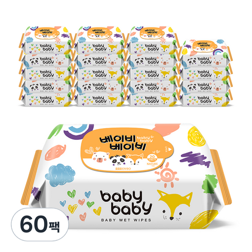 베이비베이비 아기 물티슈 휴대용 리필형, 20매입, 60팩