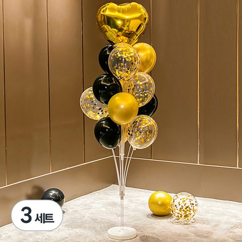 스타리움 홈파티 이벤트 스탠드 풍선 장식 풀세트, 골드블랙, 3세트