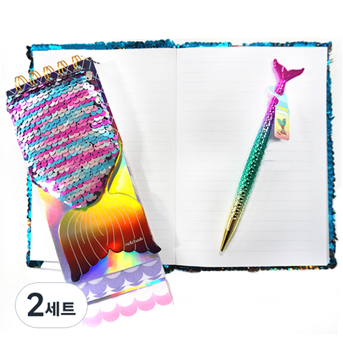스위트데이 인어 꼬리 유선 스팽글 노트 + 3단 수첩 + 샤프, 혼합색상, 2세트