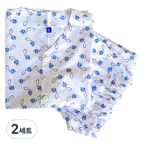 메디코 환자복 병원입원복 면혼방 파란국화 블루 세트 L, 2세트