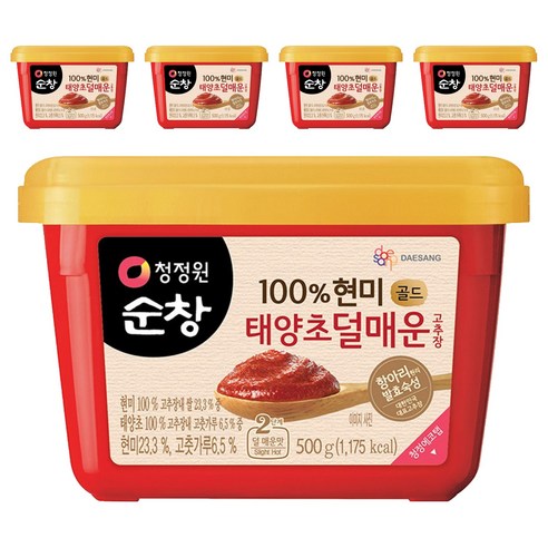 청정원순창 100% 현미 골드 태양초 덜매운 고추장, 500g, 5개