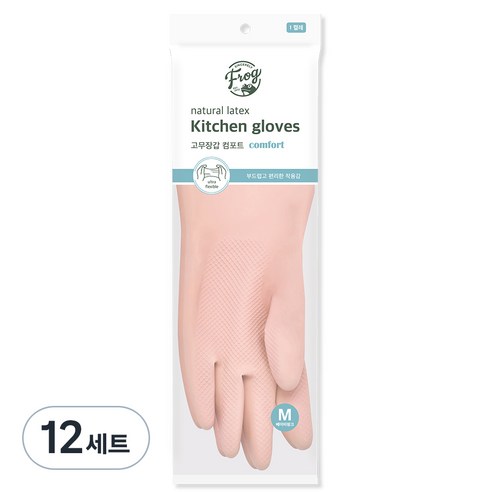 프로그 라텍스 컴포트 고무장갑 양손세트, 베이비 핑크, 중(M), 12세트