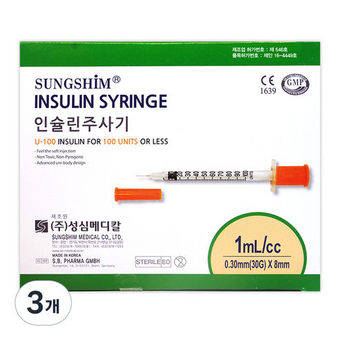 성심 인슐린 주사기 1ml 30G x 8mm, 3개
