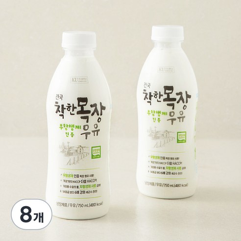 건국유업 무항생제 인증 착한목장 우유, 750ml, 8개