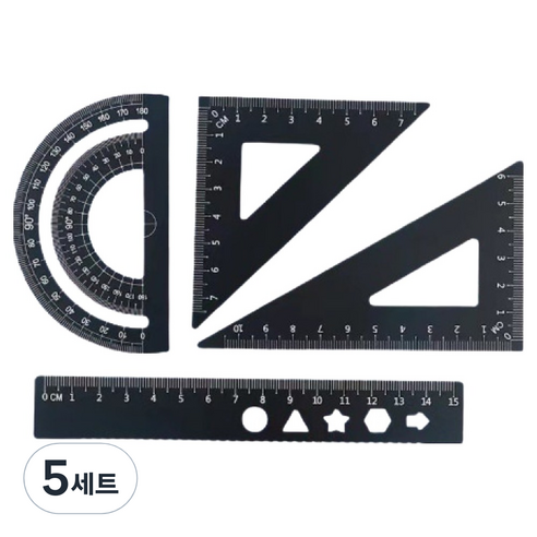 디엔오 스테인레스 삼각자 + 각도기 + 자 세트, 블랙, 5세트