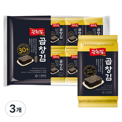 광천김 프리미엄 곱창 도시락김 30봉, 210g, 3개