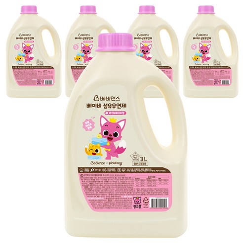 베비언스 핑크퐁 베이비 섬유유연제 베이비파우더향 본품, 3L, 5개