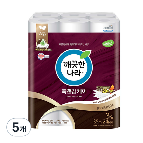 깨끗한나라 3겹 촉앤감 케어 천연펄프 롤화장지 35m, 24개입, 5개