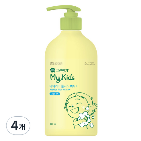 그린핑거 아동용 마이키즈 플러스 미세먼지 클렌징 저자극 워시 복숭아향, 4개, 500ml