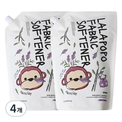 케이맘 랄라포포 유아용 섬유유연제 자작나무향 리필, 1.3L, 4개