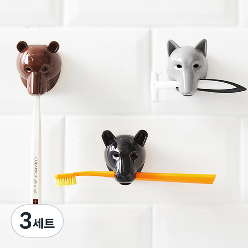 오브제팜 동물 칫솔걸이 강력부착 3종 세트, 회색늑대, 붉은곰, 흑표범, 3세트