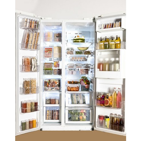 투명하고 공간 절약적인 실리쿡의 시스루납작이 냉장고 정리용기 세트로 냉장고를 효율적으로 조직하세요.