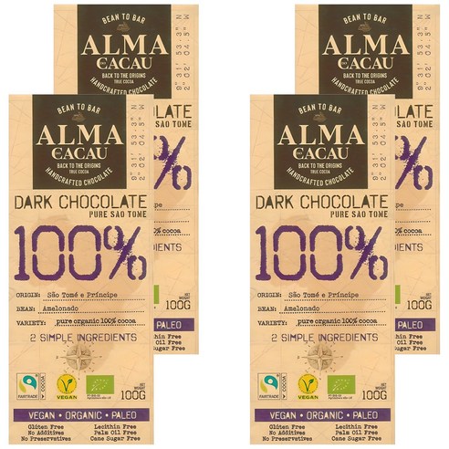알마카카우 유기농 다크 초콜릿 100%, 100g, 4개