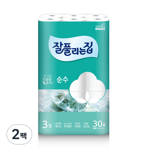 잘풀리는집 3겹 순수 천연펄프 고급롤화장지, 28m, 30개입, 2개