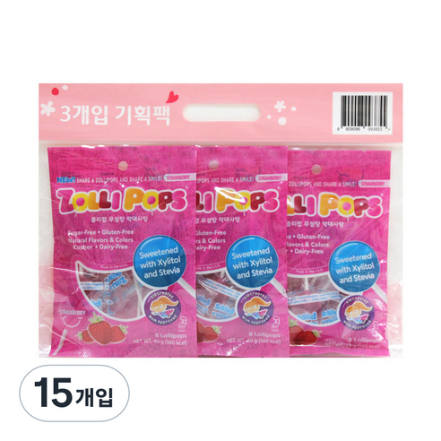 졸리팝 무설탕 막대사탕 딸기맛, 40g, 15개입