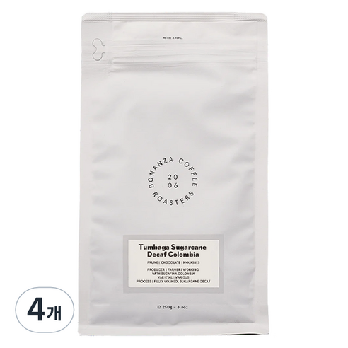 보난자 툼바가 슈가케인 콜롬비아 디카페인 원두, 홀빈(분쇄안함), 250g, 4개
