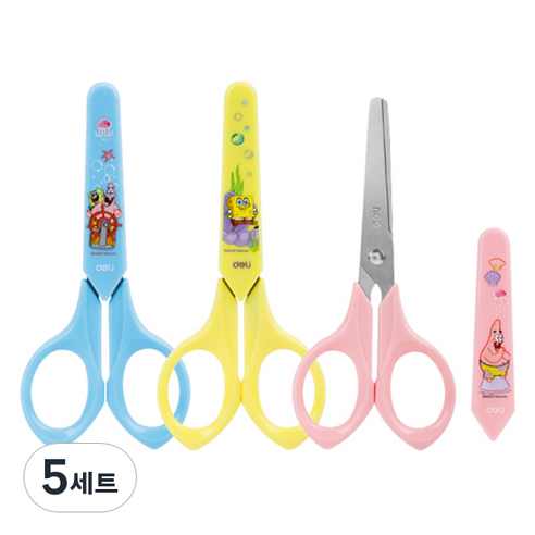 델리 스폰지밥 안전 캡 가위 3종 세트, 5세트, 옐로우, 핑크, 블루