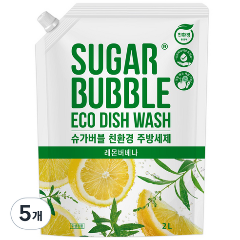슈가버블 친환경 주방세제 레몬버베나 리필, 5개, 2L