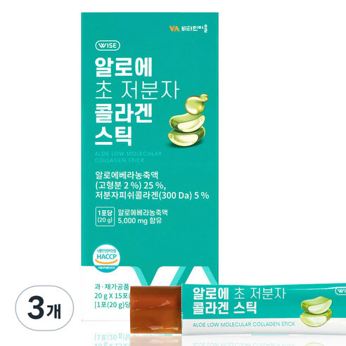 비타민마을 와이즈 알로에 초 저분자 콜라겐 젤리 스틱 15p, 15포, 300g, 3개
