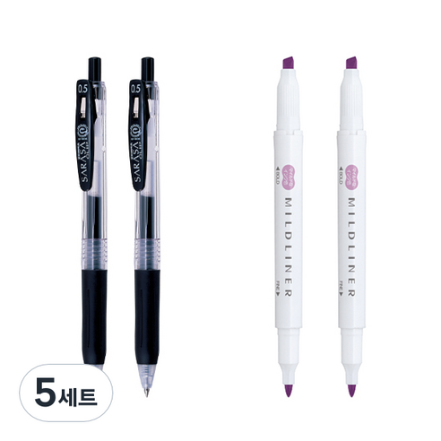 제브라 마일드라이너 마카 2p + 사라사 클립 볼펜 0.5mm 2p 세트, 마젠타(마일드라이너), 검정(볼펜), 5세트