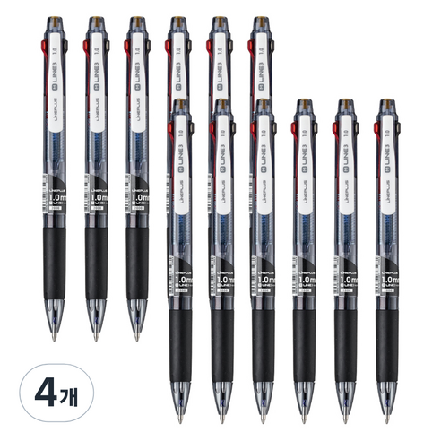 라인플러스 M 라인 3 멀티 3색 볼펜 1.0mm 12p, 블랙, 4개