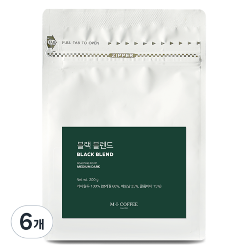 엠아이커피 블랙 블렌드, 홀빈(분쇄안함), 200g, 6개