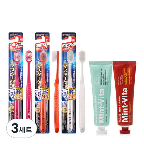 EBISU 마스터케어 칫솔 랜덤발송 3p + 오리지널 민트비타치약 120g + 스트롱 민트비타치약 120g 세트, 3세트