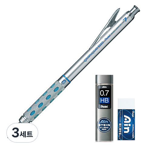 펜텔 그래프 기어 1000 샤프 0.7mm PG1017 + AIN 0.7mm HB 샤프심 + 지우개 세트, 혼합색상, 3세트