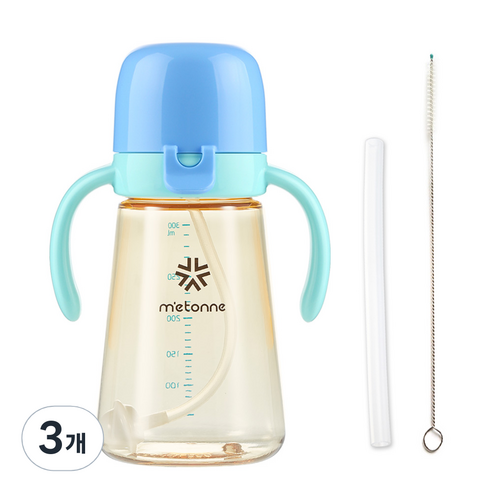메똔느 PPSU M5 추 빨대컵 300ml, 블루, 3개