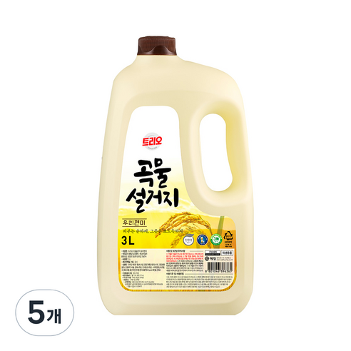 트리오 곡물설거지 우리현미 주방세제, 3L, 5개