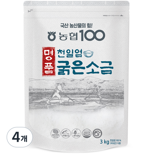 농협100 명품 천일염 굵은 소금, 3kg, 4개