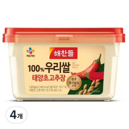 해찬들 100% 우리쌀 태양초 고추장, 1.8kg, 4개